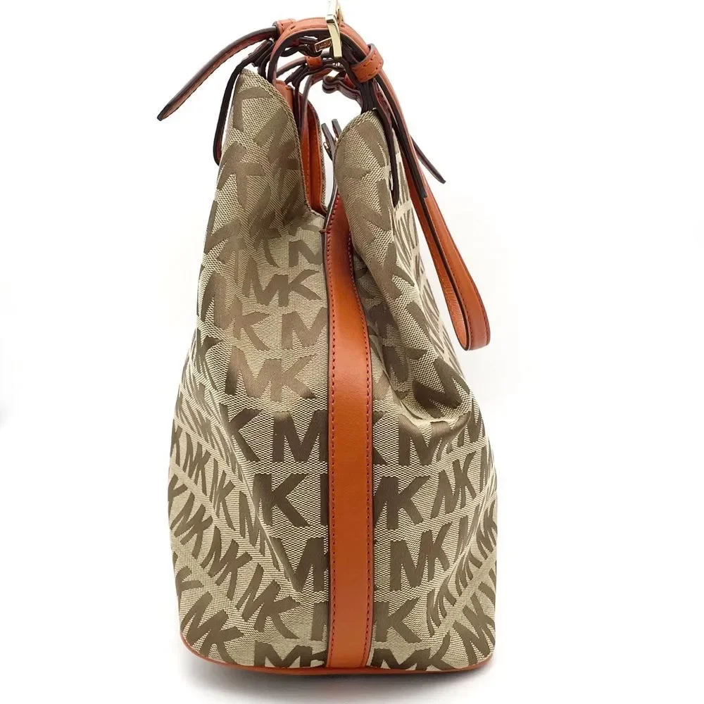 NEW MICHAEL Michael Kors Beige Tan Orange Signature Canvas & Leather Tote Large